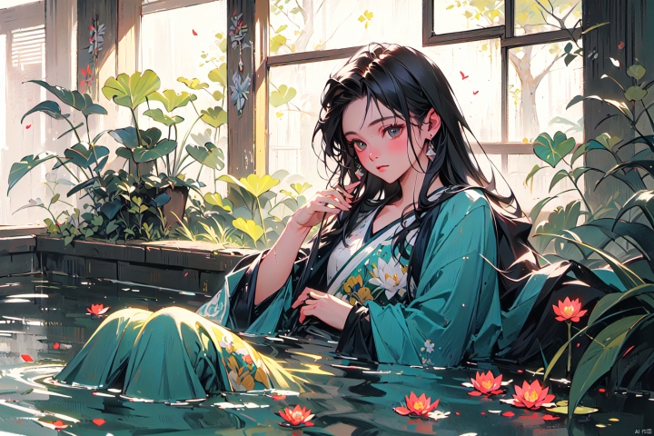 A girl lazily lying by a pool of lotuses, surrounded by blooming lotuses and green leaves. Her body gently leans against the edge of the pool, one hand supporting her cheek, the other hand gently stirring the water surface. The sunlight filters through the gaps in the leaves, casting mottled shadows on her. Her gaze is deep and tranquil, as if enjoying this peaceful moment. Sharp focus, dramatic, photorealistic painting art by midjourney and greg rutkowski, trending on ArtStation, trending on CGSociety, Intricate, High Detail.