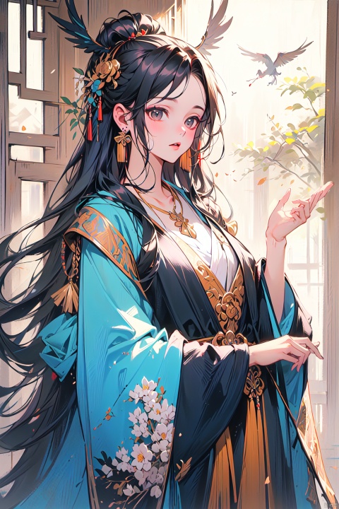  (best quality,masterpiece, original, extremely detailed 8K wallpaper)((absurdres)),(ultra-detailed),East Hanfu girl, voluptuous figure, golden earrings, golden necklace, photo style, clear details, wooden background, complete tags, happy sunshine, stylish, clothing., girl, zanhua, HUBG_Rococo_Style(loanword), meinv