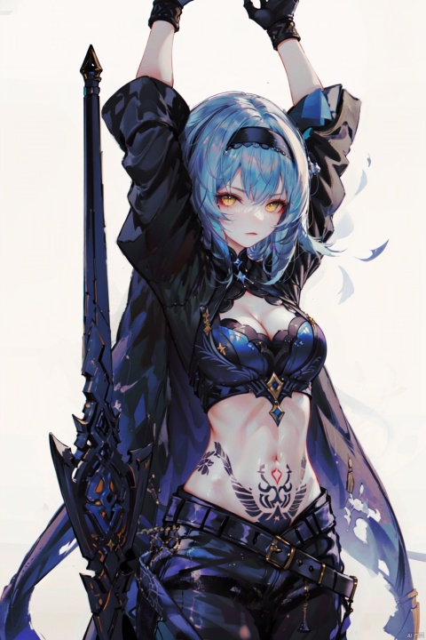 1girl, eula \(genshin impact\), breasts, weapon, tattoo, solo, blue hair, large breasts, gloves, arms up, sword, yellow eyes, hairband, armpits, looking at viewer, holding weapon, navel, holding, greatsword, hair ornament, bangs, black gloves, holding sword, cleavage, belt, medium hair, midriff, mLD