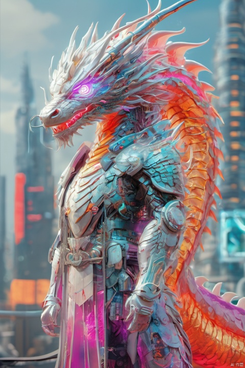  A cyberpunk style dragon king with intricate mechanical armor emitting neon glow, wings spread with high-tech electronic circuits and luminous components. Surrounded by a futuristic city skyline with towering skyscrapers and floating billboards accentuating the dragon's majesty. The sky filled with purple and blue neon lights, creating a mysterious and avant-garde atmosphere. Ultra HD image, high-quality photorealistic artwork inspired by cyberpunk genre, detailed dragon design, vibrant neon colors, epic fantasy scene, cinematic lighting, depth of field, digital painting by contemporary artists, trending on ArtStation, popular in concept art community.