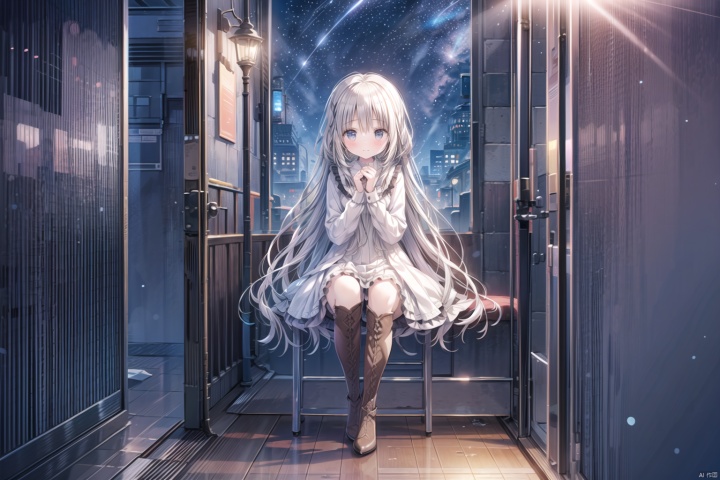 (loli),best quality, ske, gradient, rainbow, Line draft, highres, absurdres, (ultra-detailed:1.1), (illustration:1.1), (solo), perfectly drawn hands, cohesive background,light_makeup,action,(dress_shirt:1.5),universe,thighhigh_boots,snow,starlight,against_the_wall,(night_background:1.3),sitting_down,indoors,,,

1girl, round face, (platinum long hair:1.3),grey eyes, starlight,(medium_breasts),(full_body:1.3),
, ,


(beautiful_face), ((intricate_detail)), clear face,

((finely_detailed)), fine_fabric_emphasis, 1girl