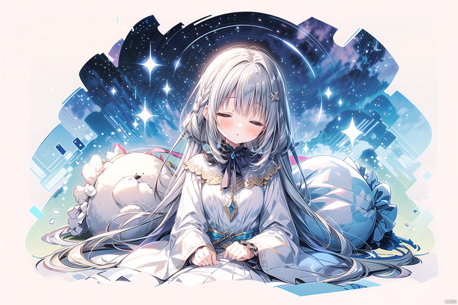  (sketch:1.25),(loli),best quality, ske, gradient, rainbow, Line draft, highres, absurdres, (ultra-detailed:1.1), (illustration:1.1), (solo), perfectly drawn hands, cohesive background,light_makeup,action,(sleeping_dress:1.5),universe,thighhigh_boots,snow,starlight,sitting,(night_background:1.3),,,

1girl, round face, (platinum long hair:1.3),grey eyes, starlight,(medium_breasts),(full_body),
, ,


(beautiful_face), ((intricate_detail)), clear face,

((finely_detailed)), fine_fabric_emphasis, 1girl