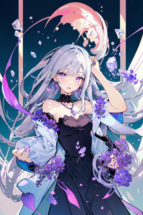 solo, 1girl, 
purple eyes, (silver hair:1.3), (long hair), light blush, swept bangs,silver gradient hair,medium breast,
(purple royal dress),white clothes, robe, crystal, jewelry, necklace, gothic,  medium breast,
looking at viewer,frightened，flurried,
bare shoulders, upperbody, 
fantasy, lavender, violet, sweet girl,
