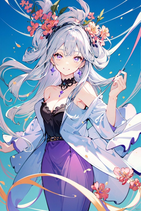  solo, 1girl, 
purple eyes, (silver hair:1.3), (long hair), light blush, swept bangs,silver gradient hair,medium breast,
(purple royal dress),white clothes, robe, crystal, jewelry, necklace, gothic, gilded texture, golden trim,medium breast,
looking at viewer, light smile,
bare shoulders, upperbody, 
fantasy, lavender, violet, castle, pavement, sweet girl, white pantyhose
