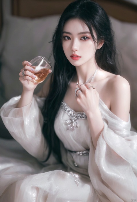  In the dark, an Asian girl with long black hair and delicate facial features is sitting on her phone at night in bed holding up a water glass to drink. She has soft lighting, soft tones, delicate skin texture, delicate makeup, delicate eyes, lips slightly open, holding one hand next to it, wearing silver rings on her fingers, in the style of soft lighting, soft tones, delicate skin texture, delicate makeup, delicate eyes, lips slightly open, holding one hand next to it, wearing silver rings on her fingers.