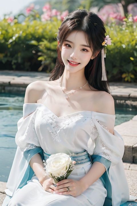 Ultra-realistic, photography level, high details, exquisite facial features, master works, best quality, higher quality, ultra-high resolution, 8k resolution, 18-year-old beautiful girl, (there are two twin sisters in off-the-shoulder Hanfu, leaning on each other) (two people sitting on the ground together, one leaning on the other's lap) (long hair on the shawl), (happy expression, smile), sweet face, (Lee ji Eun), (song yuqi), tall chest, (white tulle shawl), (one person holds a bouquet of flowers in his hand) ((half-length picture)), Hanfu embroidery, off-the-shoulder Hanfu, wearing accessories, wearing necklaces, (two playing together in the water, very happy)