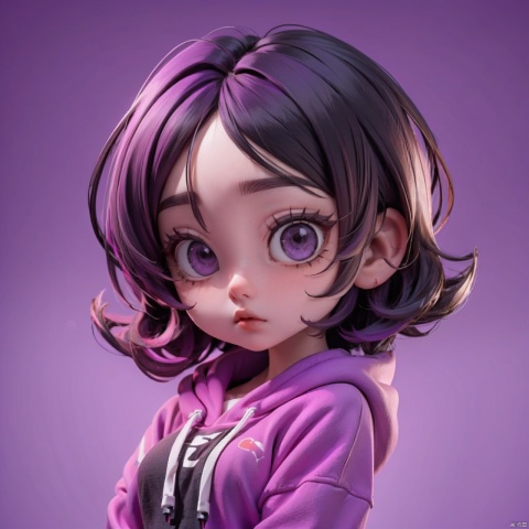 A girl with short black hair, purple hoodie, purple background,