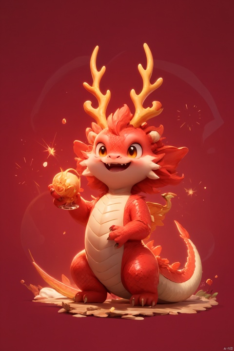  pink, cute pet, Illustration cartoon cute art style, full body, antlers , ((masterpiece)), original, rich details, extremely exquisite, red theme, 3d stely,dragon claw,snake,red background