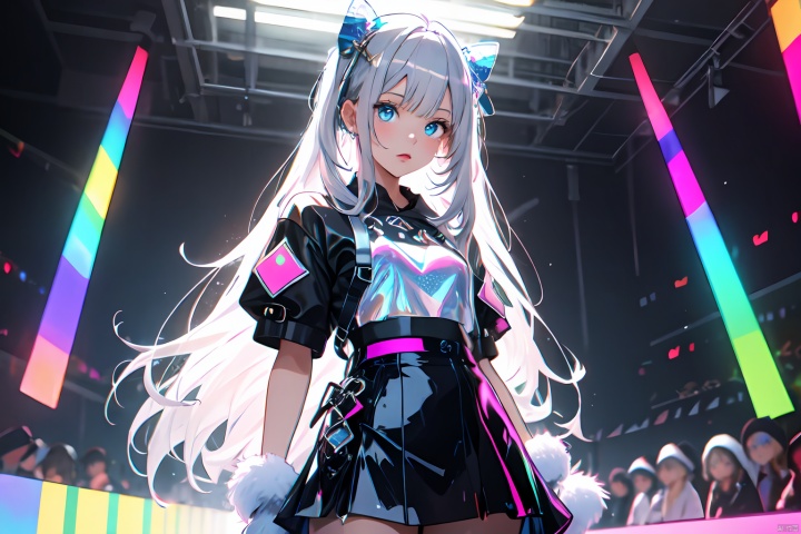  Clear Color PVC Clothing, Clear Color Vinyl Clothing, Prismatic Shape, Holographic, Color Difference, Fashion Illustration, Masterpiece, Girl with Harajuku Fashion, A Cute Girl, Long Silver Hair, Bangs, Blue Eyes, Short Skirt, 8k, Ultra Detail, Lida
