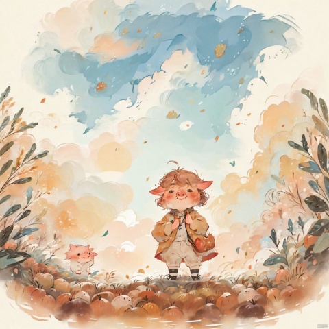  best quality,masterpiece,ultra high res,childpaiting,solo,crayon drawing,cloud,cloudy sky,outdoors,surreal,in autumn,the fruits of the harvest,a little pig with straw on his back, childpaiting, watercolor