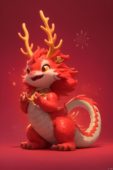  pink, cute pet, Illustration cartoon cute art style, full body, antlers , ((masterpiece)), original, rich details, extremely exquisite, red theme, 3d stely,dragon claw,snake,red background