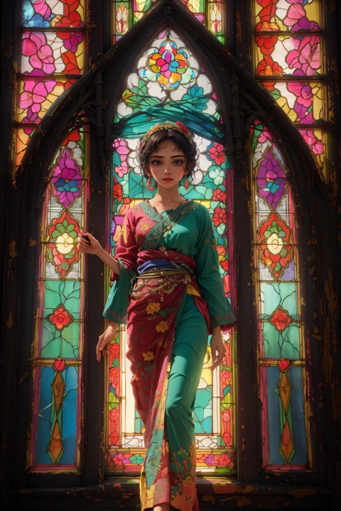  (masterpiece, top quality, best quality,official art, beautiful and aesthetic:1.2),(1girl:1.3), 1girl BREAK stained glass art, colored glass, lead lines, light transmission BREAK vibrant colors, intricate designs, luminous effects, spiritual ambiance