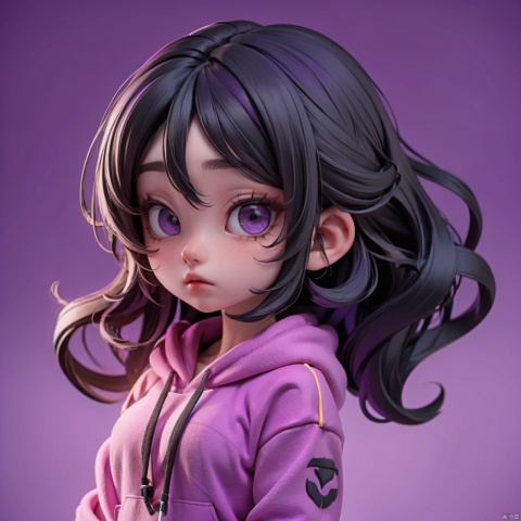 A girl with black hair, purple hoodie, purple background,