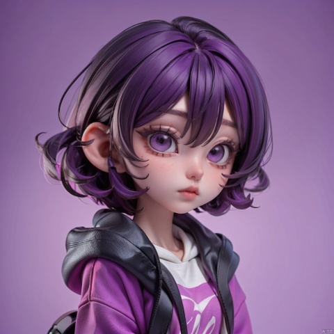 A girl with short black hair, purple hoodie, purple background,