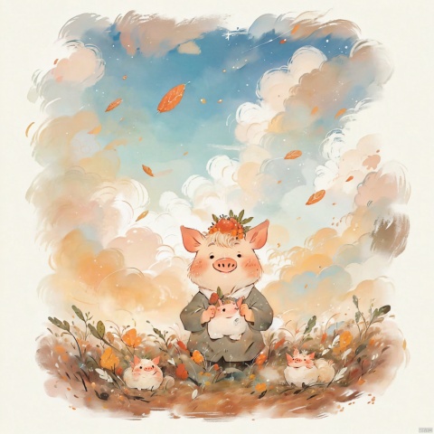  best quality,masterpiece,ultra high res,childpaiting,solo,crayon drawing,cloud,cloudy sky,outdoors,surreal,in autumn,the fruits of the harvest,a little pig with straw on his back, childpaiting, watercolor