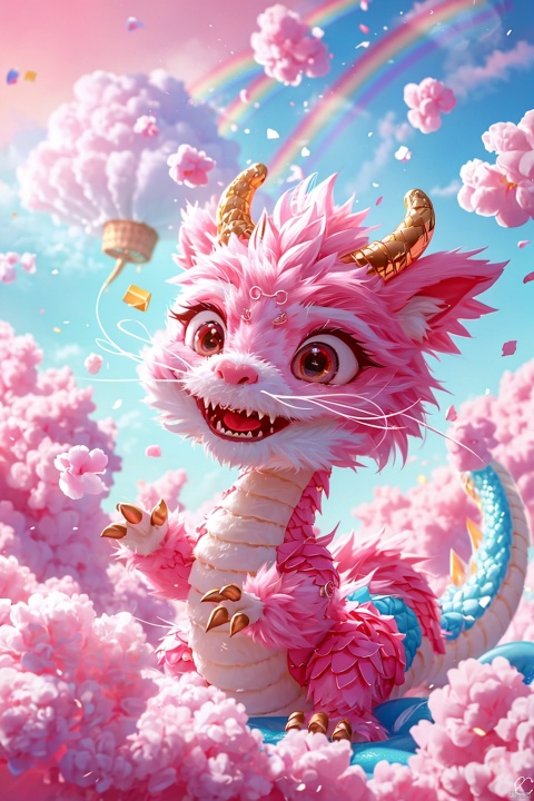  Masterpiece, high-quality, Pixar animated style, a cute Chinese dragon, cape, with a brilliant smile. Cotton candy material, its tail is like a cloud, and a rainbow cloud floats on its head. Pink flowers, pink sky, soft light, POV perspective, rich details, realistic details, light blue or light red, strong close-up, surrealistic illustrations,

