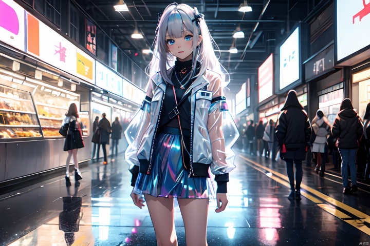  Clear Color PVC Clothing, Clear Color Vinyl Clothing, Prismatic Shape, Holographic, Color Difference, Fashion Illustration, Masterpiece, Girl with Harajuku Fashion, A Cute Girl, Long Silver Hair, Bangs, Blue Eyes, Short Skirt, 8k, Ultra Detail, Lida