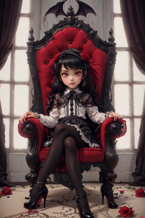  masterpiece, ((best quality)), (ultra-detailed), (illustration), an extremely delicate and beautiful girl, dynamic angle, chromatic aberration, ((colorful)),//,1girls,loli,(petite child:1.1),//,(in Gothic castle),girl with black hair,red eyes,Vertical pupil,long hair,hair arrangement,(Detailed face description),(batwing),(Gothic Lolita),(bat tail),alccandlestick,Cathedral glass,,short skirt,black pantyhose,red lace,high heels,rose tattoo,throne,sitting,crossed legs,//,
