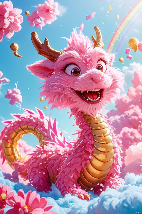  Masterpiece, high-quality, Pixar animated style, a cute Chinese dragon, cape, with a brilliant smile. Cotton candy material, its tail is like a cloud, and a rainbow cloud floats on its head. Pink flowers, pink sky, soft light, POV perspective, rich details, realistic details, light blue or light red, strong close-up, surrealistic illustrations,

