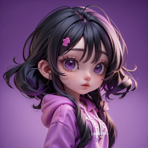 A girl with black hair, purple hoodie, purple background,
