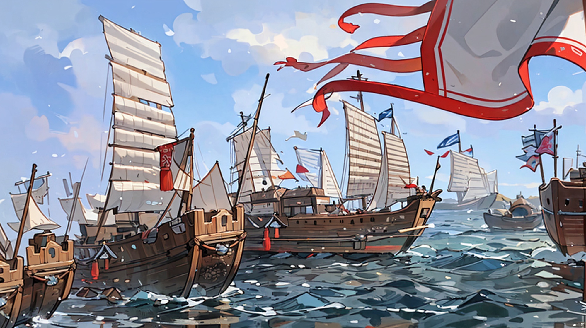 best quality, masterpiece,Sea water, ancient Chinese sailing ship