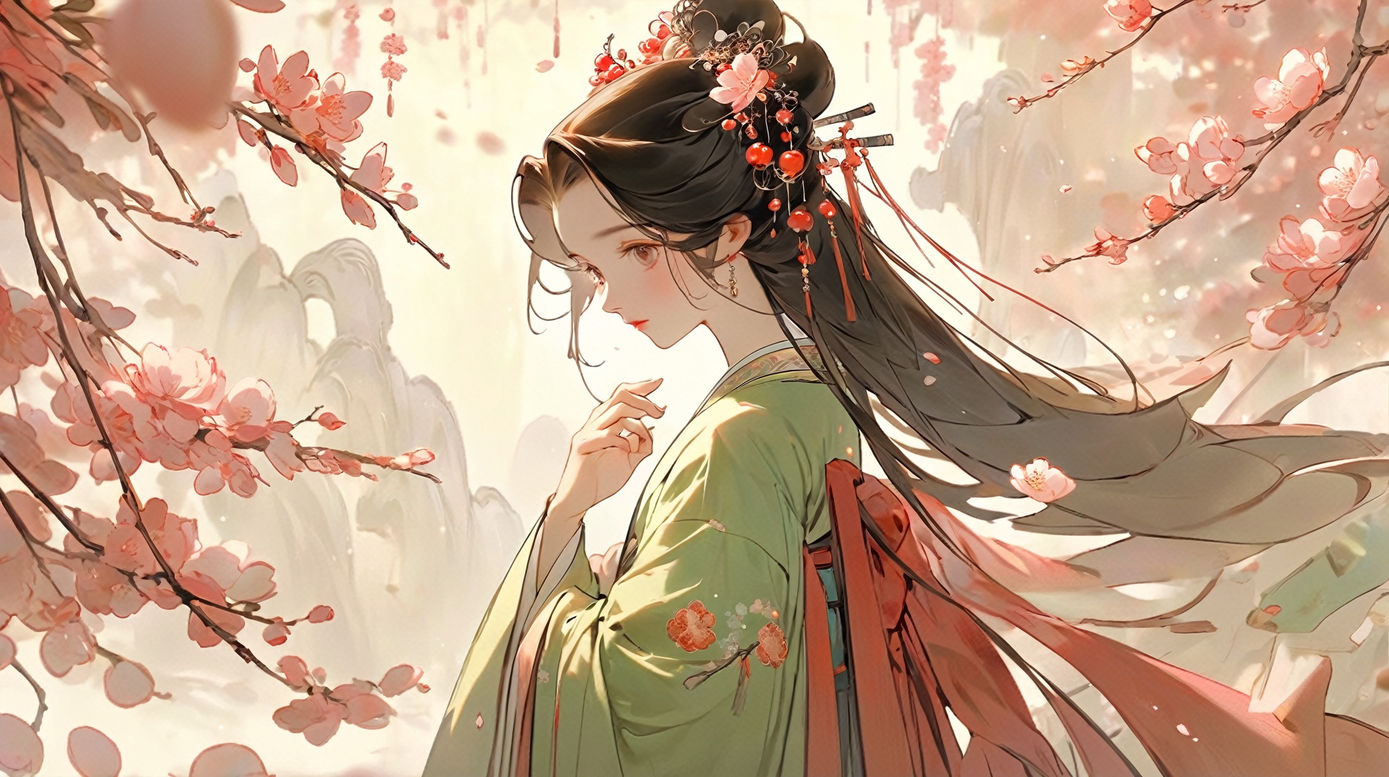  Girls, Hanfu, aestheticism, cherry, large cherry, petals fall, big scene, elegant Hanfu, dream, unreal, inception space,sci-fi,汉服,guofeng,(\hui mou\)