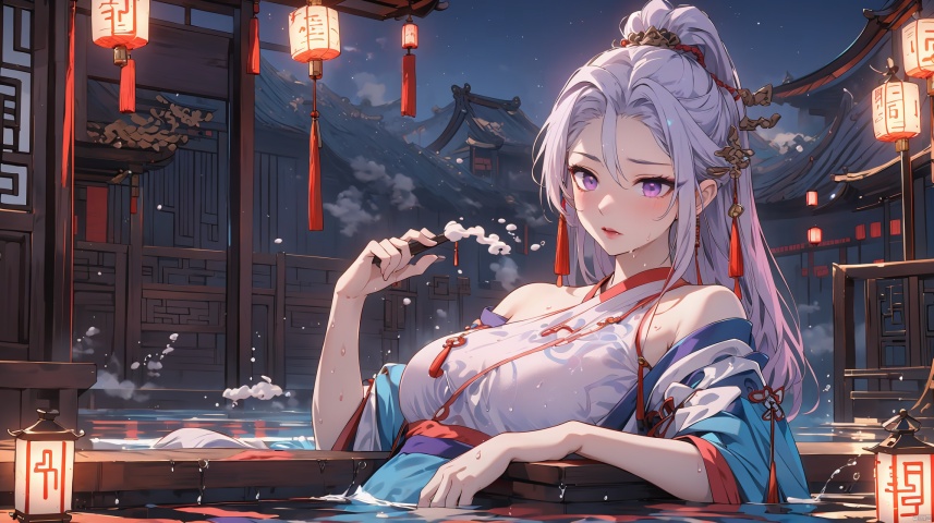  1girl bathing in the pool,blue-pink smoke, shoulders exposed to the water surface (blue chinese hanfu: 1.5), (with a large amount of water vapor on the surface: 1.5), (hot spring), lantern, night,girl, bust, short white hair, flowing short hair,((blue-purple eye)),rosy lips, fair skin, off-the-shoulder, collarbone,The forehead is exposed in the hair