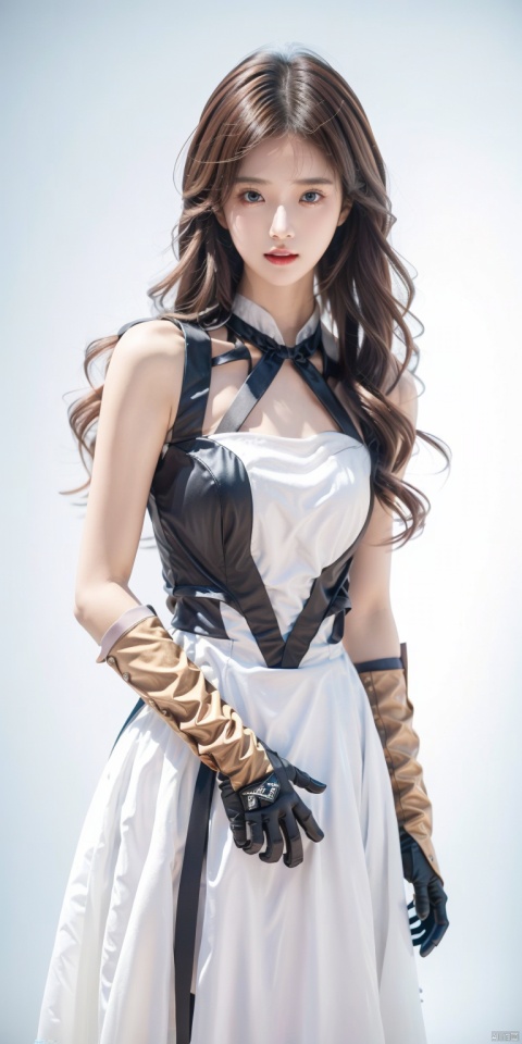  jy, 1girl, solo, brown hair, dress, long hair, white dress, brown eyes, blue background, lips, simple background, upper body, elbow gloves, jujingyi, jijia