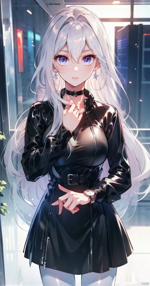  1girl, solo, long hair, breasts, looking at viewer, bangs, long sleeves, dress, hair between eyes, jewelry, medium breasts, very long hair, closed mouth, standing, purple eyes, white hair, cowboy shot, earrings, choker, indoors, black dress, see-through, black choker, hand on own chest, watch, wristwatch, white pantyhose,purple eyes