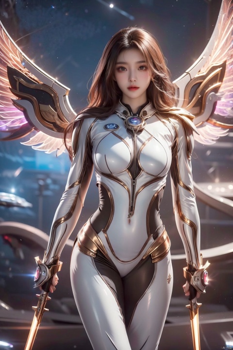  jiqing,1girl,medium breasts,weapon,wings,holding weapon,lips,bodysuit,covered navel,skin tight,science fiction,dual wielding,mechanical wings