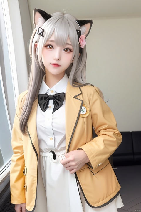  1girl, solo, long hair, looking at viewer, blush, bangs, hair ornament, long sleeves, dress, bow, animal ears, very long hair, closed mouth, jacket, tail, yellow eyes, flower, ahoge, white hair, cowboy shot, open clothes, hair flower, bowtie, black dress, red bow, open jacket, two side up, animal ear fluff, red jacket, hand in pocket