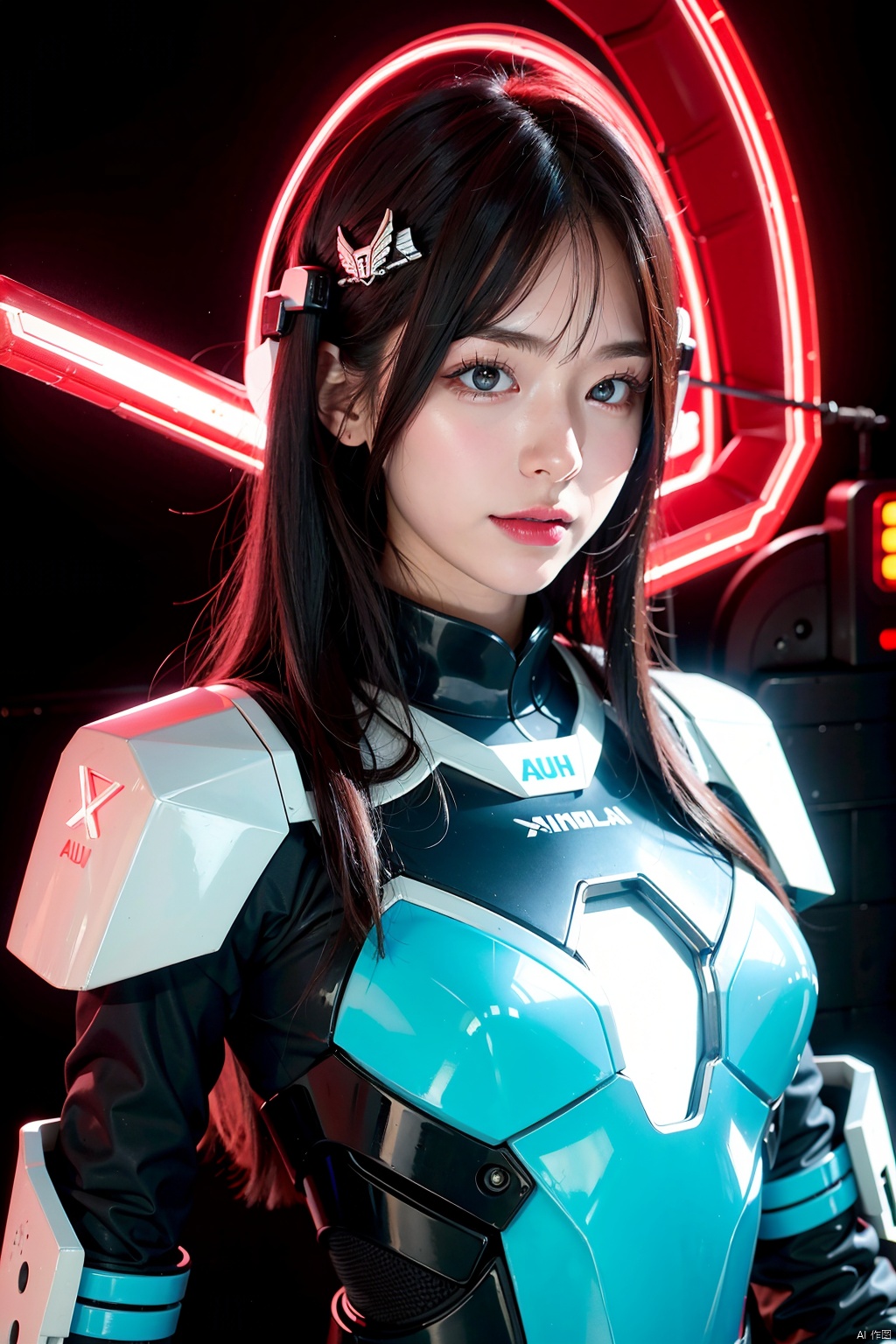  1 girl, 4k, semi realistic, ultra high definition, my entire body covered in sticky liquid, my body damp, professional illustrations, pose for photos, charming, looking at the audience, photo pose, head up, science fiction helmet, science fiction headwear, cyberpunk, complex details, red neon lights, Gundam, Valkyrie, Kunitsuki, OTT logo, Audi