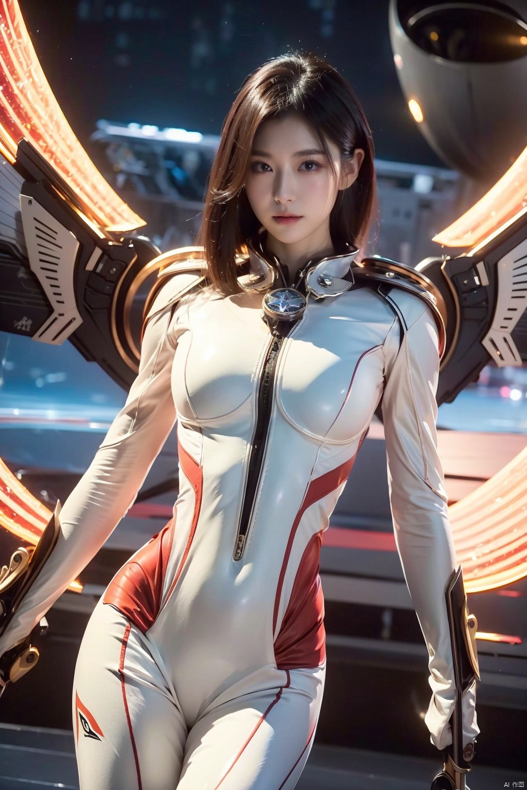  jiqing,1girl,medium breasts,weapon,wings,holding weapon,lips,bodysuit,covered navel,skin tight,science fiction,dual wielding,mechanical wings, 1girl