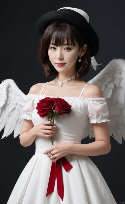  1girl, solo, short hair, simple background, black hair, jewelry, earrings, black eyes, lips, portrait, realistic,feathered wings, angel wings, white wings,Best quality, 8k, cg,A girl formed by light,solo,glowing,black_background,light,A dress formed by light,starry_background,zj

1girl, solo, breasts, looking at viewer, smile, short hair, bangs, red eyes, hat, dress, bow, ribbon, holding, hair between eyes, bare shoulders, jewelry, closed mouth, blue hair, standing, flower, short sleeves, cowboy shot, earrings, outdoors, frills, detached sleeves, wings, sky, puffy sleeves, cloud, white dress, red bow, red ribbon, puffy short sleeves, wrist cuffs, ascot, night, rose, white headwear, moon, mob cap, hat ribbon, bat wings, brooch, red flower, night sky, full moon, red rose, bat \(animal\), red ascot, scarlet devil mansion, remilia scarlet