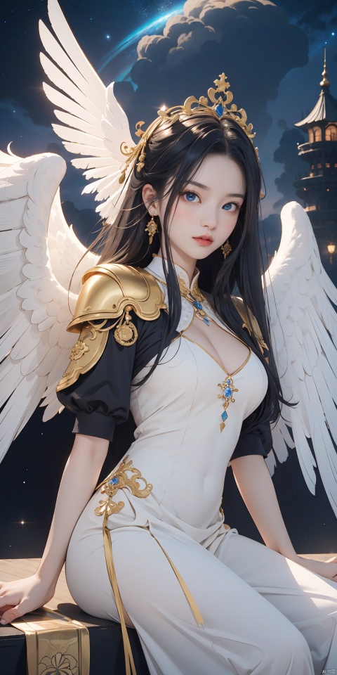  8k, Fluffy White Angel male perched upon golden bejeweled tower in a heavenly utopian city, huge feathery angel wings, glowing nebula eyes, white flowing clouds, ivory armor with diamond gem inlay, trending on artstation, sharp focus, studio photo, intricate details, highly detailed, by tim burton, nai3, (\shuang hua\), taosu