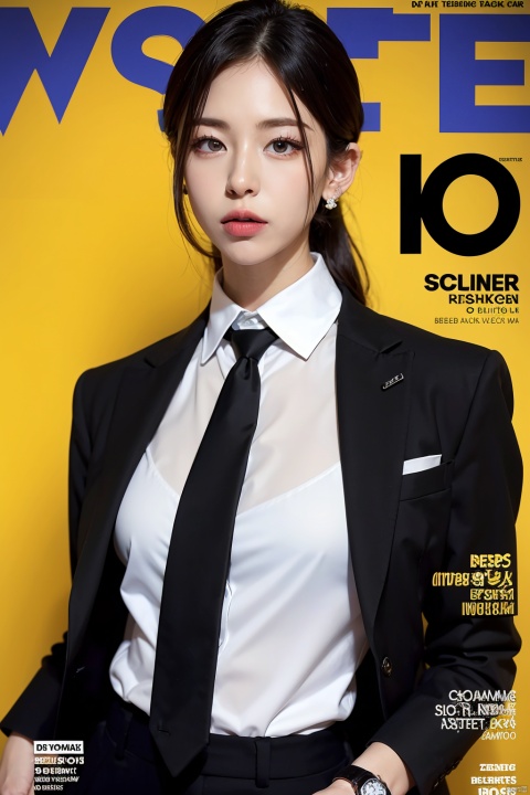  magazine, (cover-style:1.1), fashionable, vibrant, outfit, posing, front, colorful, solo, looking at viewer, shirt,((1girl)),white shirt,necktie, collared shirt, pants, black pants, formal, suit, black necktie, watch, black suit,Visual impact,A shot with tension,(upper body:1.0),cold attitude, Ear stud,tattoo,
