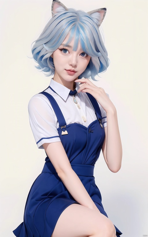  1girl, solo, looking at viewer, blush, bangs, blue eyes, skirt, simple background, shirt, hair ornament, white background, animal ears, sitting, blue hair, tail, white shirt, short sleeves, grey hair, multicolored hair, frills, collared shirt, virtual youtuber, cat ears, hand up, blunt bangs, medium hair, bag, two side up, blue skirt, streaked hair, animal ear fluff, suspenders, frilled skirt, paw pose, fish tail, shark tail, shark girl, gawr gura,solo