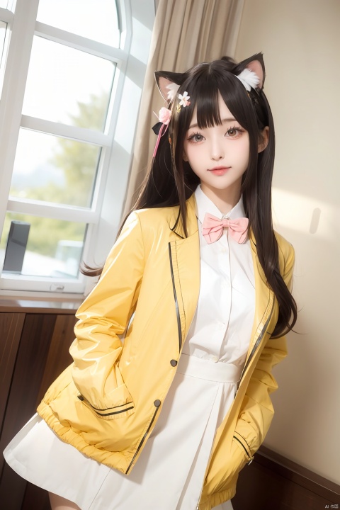  1girl, solo, long hair, looking at viewer, blush, bangs, hair ornament, long sleeves, dress, bow, animal ears, very long hair, closed mouth, jacket, tail, yellow eyes, flower, ahoge, white hair, cowboy shot, open clothes, hair flower, bowtie, black dress, red bow, open jacket, two side up, animal ear fluff, red jacket, hand in pocket