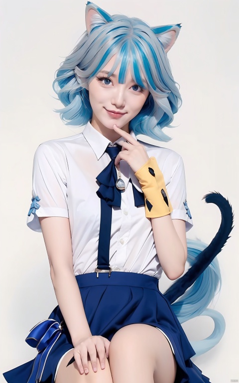  1girl, solo, looking at viewer, blush, smile, bangs, blue eyes, skirt, simple background, shirt, hair ornament, white background, animal ears, sitting, blue hair, tail, white shirt, short sleeves, grey hair, multicolored hair, frills, collared shirt, virtual youtuber, cat ears, hand up, blunt bangs, medium hair, bag, two side up, blue skirt, streaked hair, animal ear fluff, suspenders, frilled skirt, paw pose, fish tail, shark tail, shark girl, gawr gura,solo