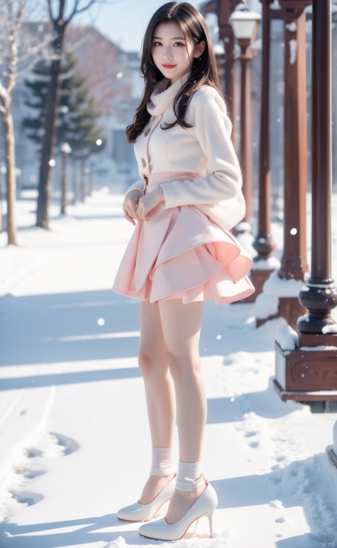  1 girl,Transparent skirt,pink face,stockings,(snow:1.2),(snowing:1.2),peach blossom,snow,solo,scarf,pink hair,smile,long hair,bokeh,realistic,long coat,blurry, captivating gaze, embellished clothing, natural light, shallow depth of field, romantic setting, dreamy pastel color palette, whimsical details, captured on film,. (Original Photo, Best Quality), (Realistic, Photorealistic: 1.3), Clean, Masterpiece, Fine Detail, Masterpiece, Ultra Detailed, High Resolution, (Best Illustration), (Best Shadows), Complex, Bright light, modern clothing, (pastoral: 1.3), smiling,standing,(very very short skirt:1.5),knee socks,(white shoes: 1.4),long legs, forest, grassland,(view: 1.3), 21yo girl, striped, , capricornus, 1girl, light master, Light master, ((poakl)), wangzuxian,yuzu,high_heels,yellow_footwear,long_hair,black_hair