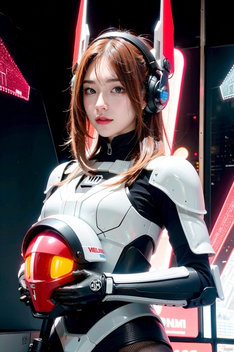  1 girl, 4k, semi realistic, ultra high definition, my entire body covered in sticky liquid, my body damp, professional illustrations, pose for photos, charming, looking at the audience, photo pose, head up, science fiction helmet, science fiction headwear, cyberpunk, complex details, red neon lights, Gundam, Valkyrie, Kunitsuki, OTT logo, Audi
