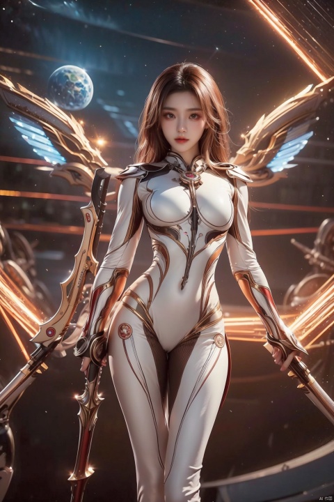  jiqing,1girl,medium breasts,weapon,wings,holding weapon,lips,bodysuit,covered navel,skin tight,science fiction,dual wielding,mechanical wings