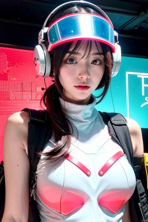  1 girl, 4k, semi realistic, ultra high definition, my entire body covered in sticky liquid, my body damp, professional illustrations, pose for photos, charming, looking at the audience, photo pose, head up, science fiction helmet, science fiction headwear, cyberpunk, complex details, red neon lights, Gundam, Valkyrie, Kunitsuki, OTT logo, Audi