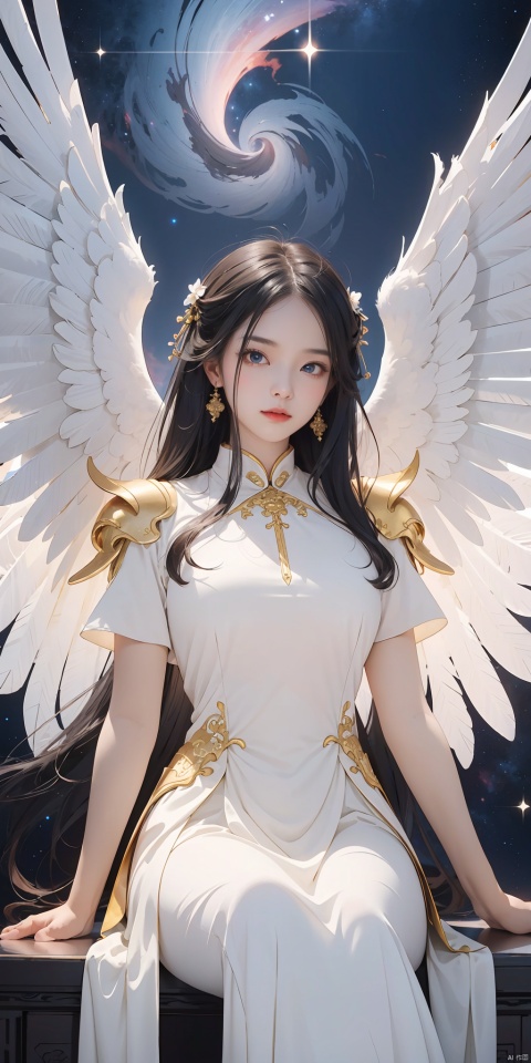  8k, Fluffy White Angel male perched upon golden bejeweled tower in a heavenly utopian city, huge feathery angel wings, glowing nebula eyes, white flowing clouds, ivory armor with diamond gem inlay, trending on artstation, sharp focus, studio photo, intricate details, highly detailed, by tim burton, nai3, (\shuang hua\), taosu