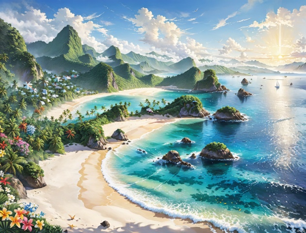 8k Wallpaper,grand,(((masterpiece))), (((best quality))), ((ultra-detailed)), (illustration), ((an extremely delicate and beautiful)),((masterpiece)),flower,water,corrugated,flowers tire,colorful,
Tourist city scenery, sunny beaches, surging waves on the distant coast, peaceful and gentle seawater on the shore, rich clouds in the sky, and bright light. If the sky is an oil painting, with distant waves, dense coconut forests along the coast, colorful tropical plant colors intersecting high and low, and mountains shrouded in clouds and mist,
