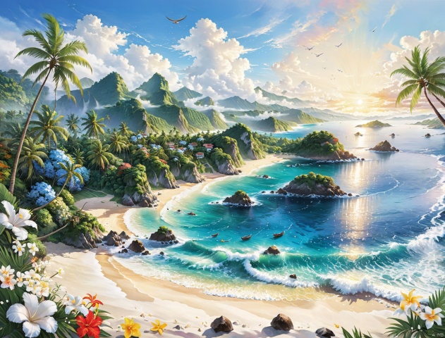 8k Wallpaper,grand,(((masterpiece))), (((best quality))), ((ultra-detailed)), (illustration), ((an extremely delicate and beautiful)),((masterpiece)),flower,water,corrugated,flowers tire,colorful,
Tourist city scenery, sunny beaches, surging waves on the distant coast, peaceful and gentle seawater on the shore, rich clouds in the sky, and bright light. If the sky is an oil painting, with distant waves, dense coconut forests along the coast, colorful tropical plant colors intersecting high and low, and mountains shrouded in clouds and mist,