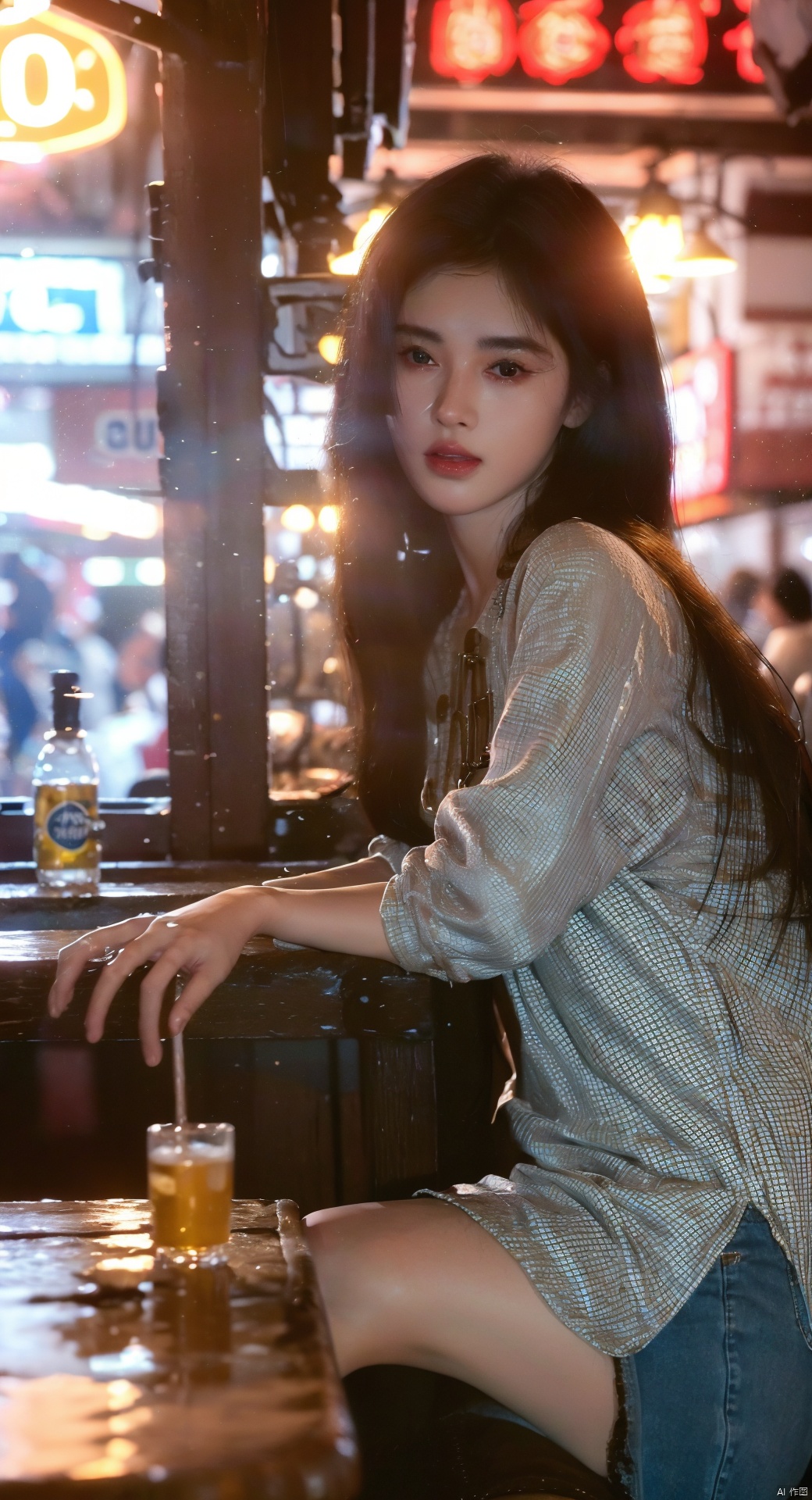  (upper thighs shot:1.3), (cowboy shot:1.3),1girl,solo,long hair,depth of field,blurry background,bar (place),neon lights,fanhuaZ,,(full body:1.1),, (high quality), best quality, (4k), 8k, super detailed, (full detail), (masterpiece), (realistic), super detailed,(Exquisite details) ,intricate, 1girl