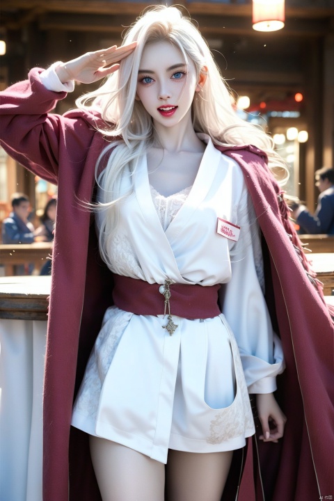  1girl,above thighs,blue eyes,long hair,white hair,pink white skirt,red cloak,make up,red lips,lipstick,huge breasts,pale skin,glamor,blush visble through hair,detail face,fangs,canine teeth,fang out,salute,look at viewer,labcoat,bar,