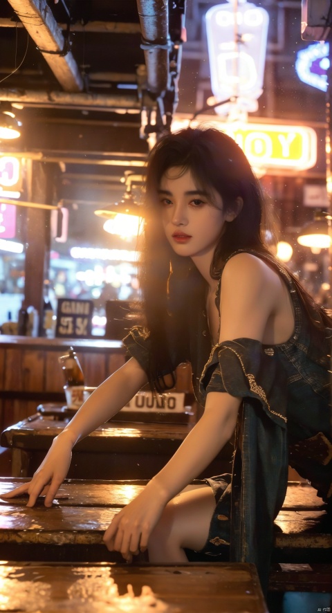  (upper thighs shot:1.3), (cowboy shot:1.3),1girl,solo,long hair,depth of field,blurry background,bar (place),neon lights,fanhuaZ,,(full body:1.1),, (high quality), best quality, (4k), 8k, super detailed, (full detail), (masterpiece), (realistic), super detailed,(Exquisite details) ,intricate, 1girl