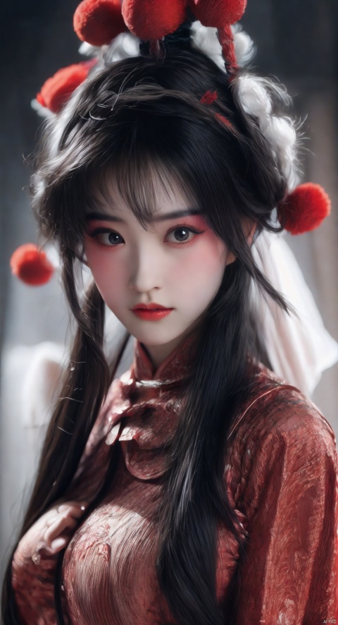  (masterpiece:1.4, best quality),(intricate details),unity 8k wallpaper,frightened,horror,evil spirits,sinophobia,ultra detailed,cooltone,night,1girl,solo,,,CNoperaCostume,,dark theme,sytx,yinjian,red lantern,chinese zombie,death,calamity,dise,the pale face,expressionless,blank stare,large breasts,upper body,, masterpiece, best quality, chinese_opera_jing, xifu, 1girl